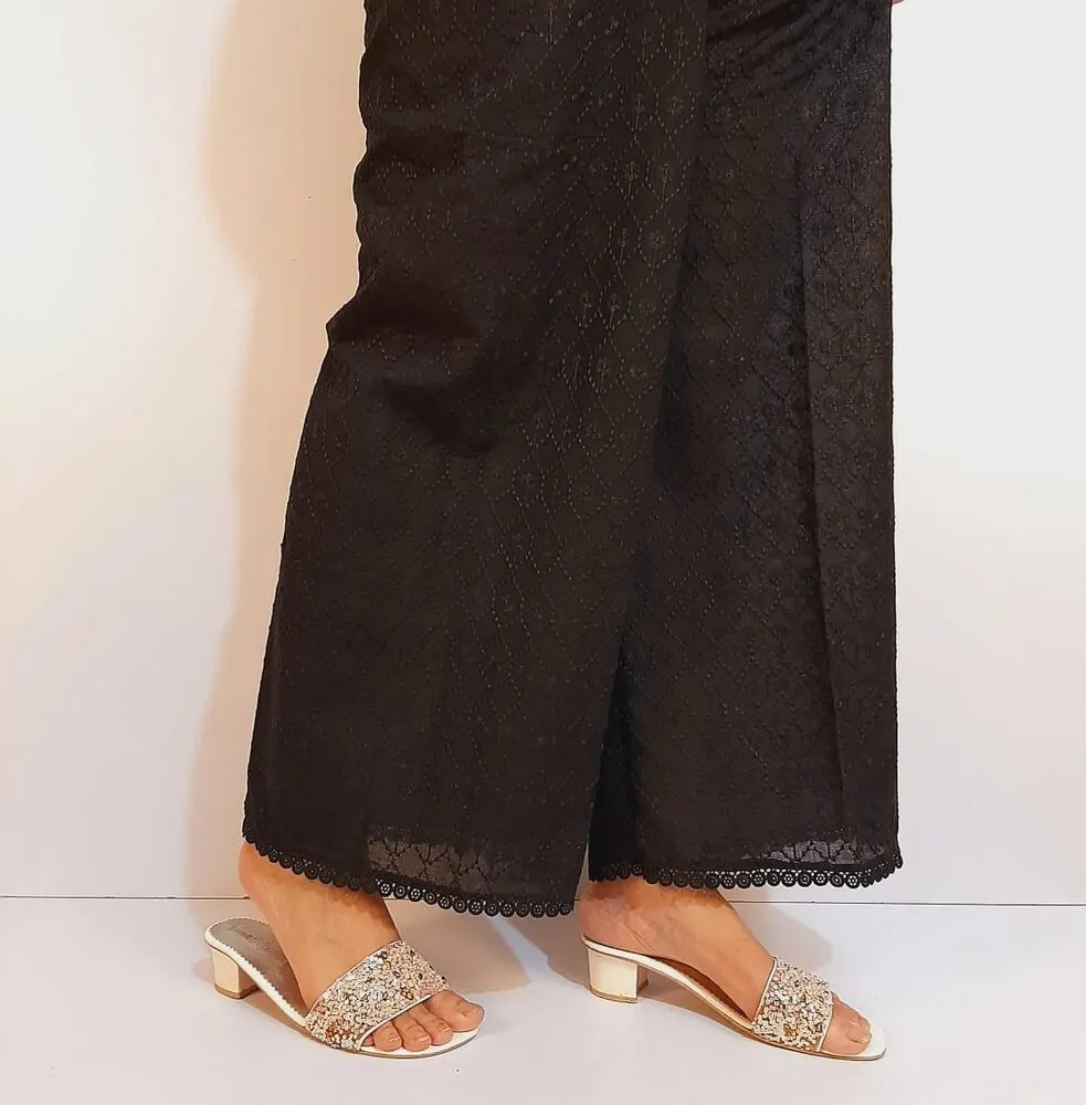 Chikankari Cotton Palazzo - Black - ZT205