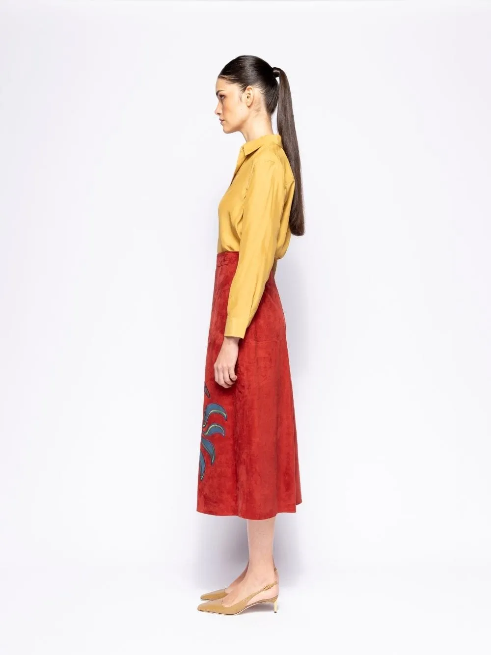 Corvus Cabernet Embroidered Suede Skirt