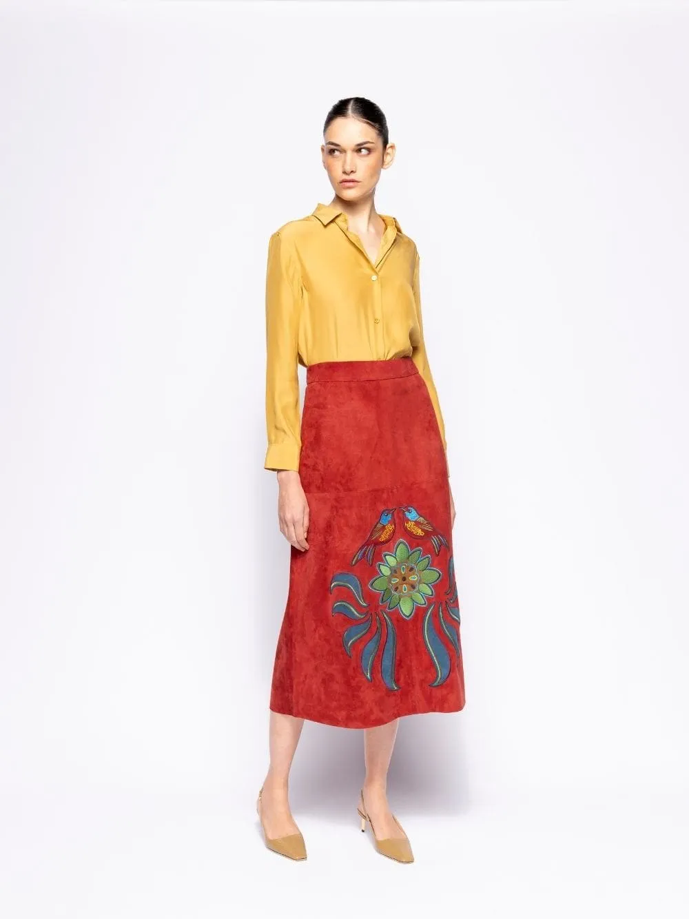 Corvus Cabernet Embroidered Suede Skirt