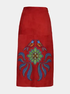 Corvus Cabernet Embroidered Suede Skirt