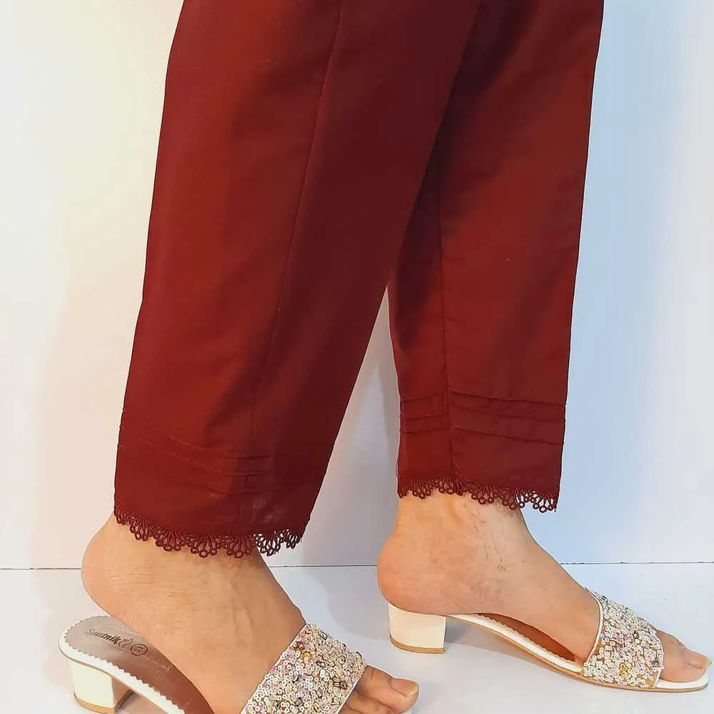 Cotton Trouser With  Lace -  Maroon  - ZT233