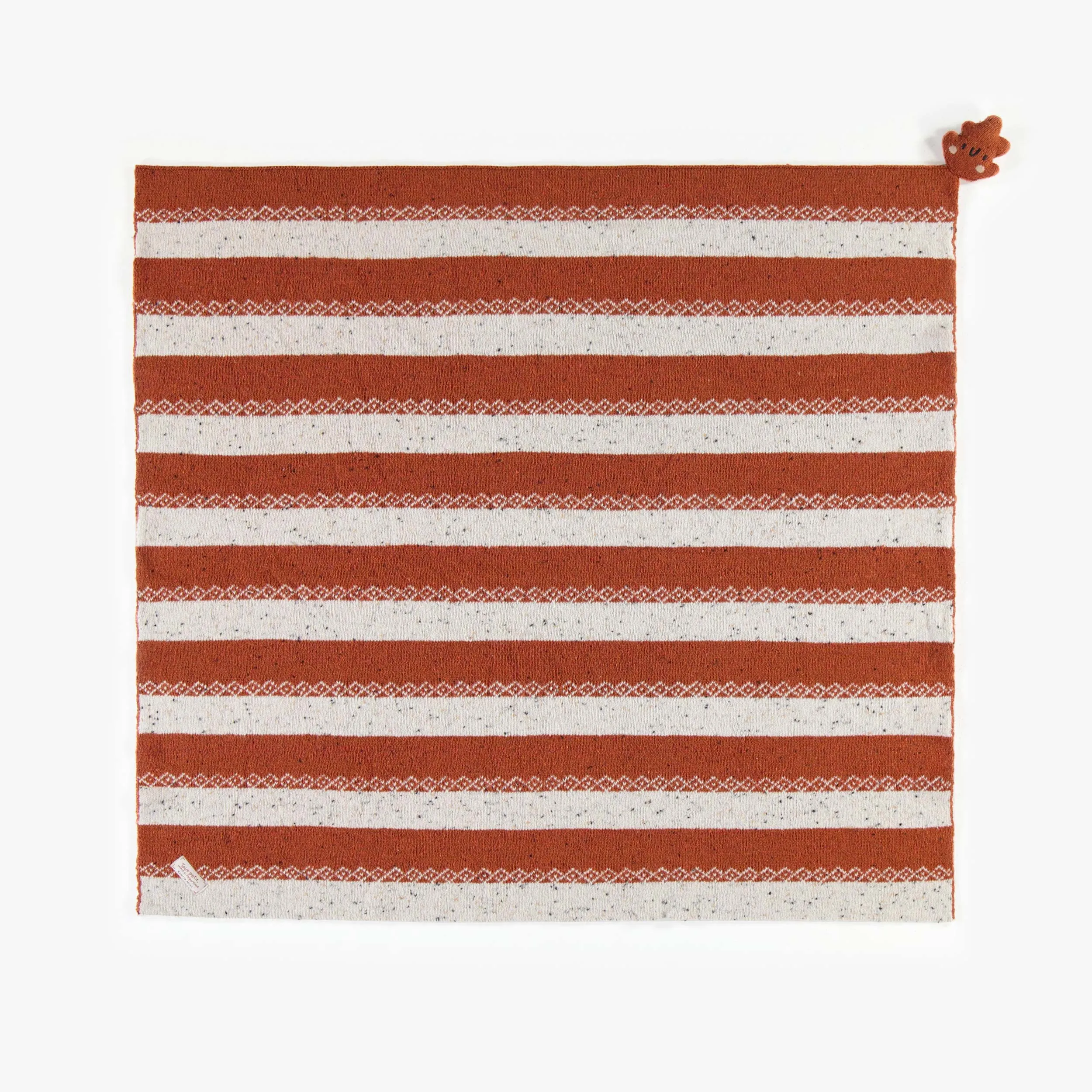 Couverture en maille brune lignée avec petite peluche, naissance  || Brown striped knitted blanket with small plush, newborn