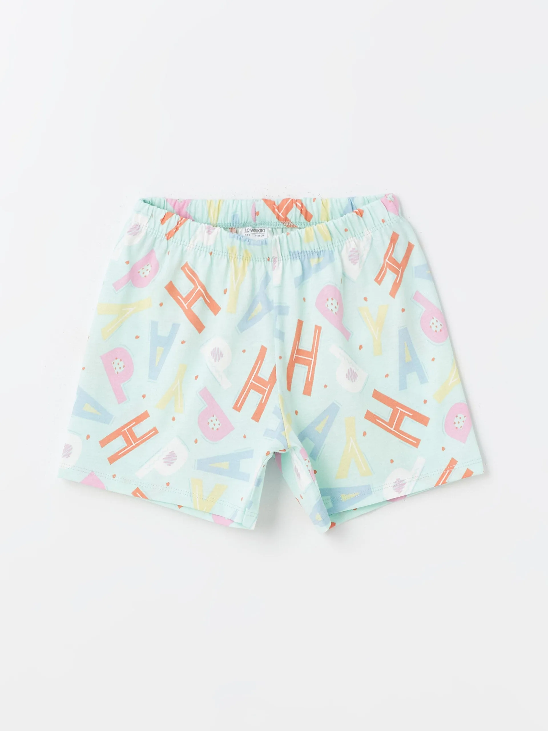 Crew Neck Printed Short Sleeve Girls Pajama Set with Shorts