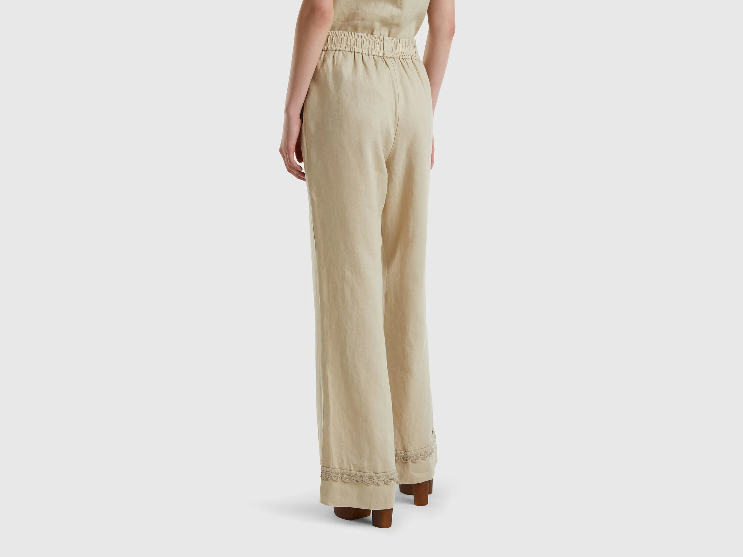 Crochet Detailed Hem Relaxed Wide Beige Linen Trousers