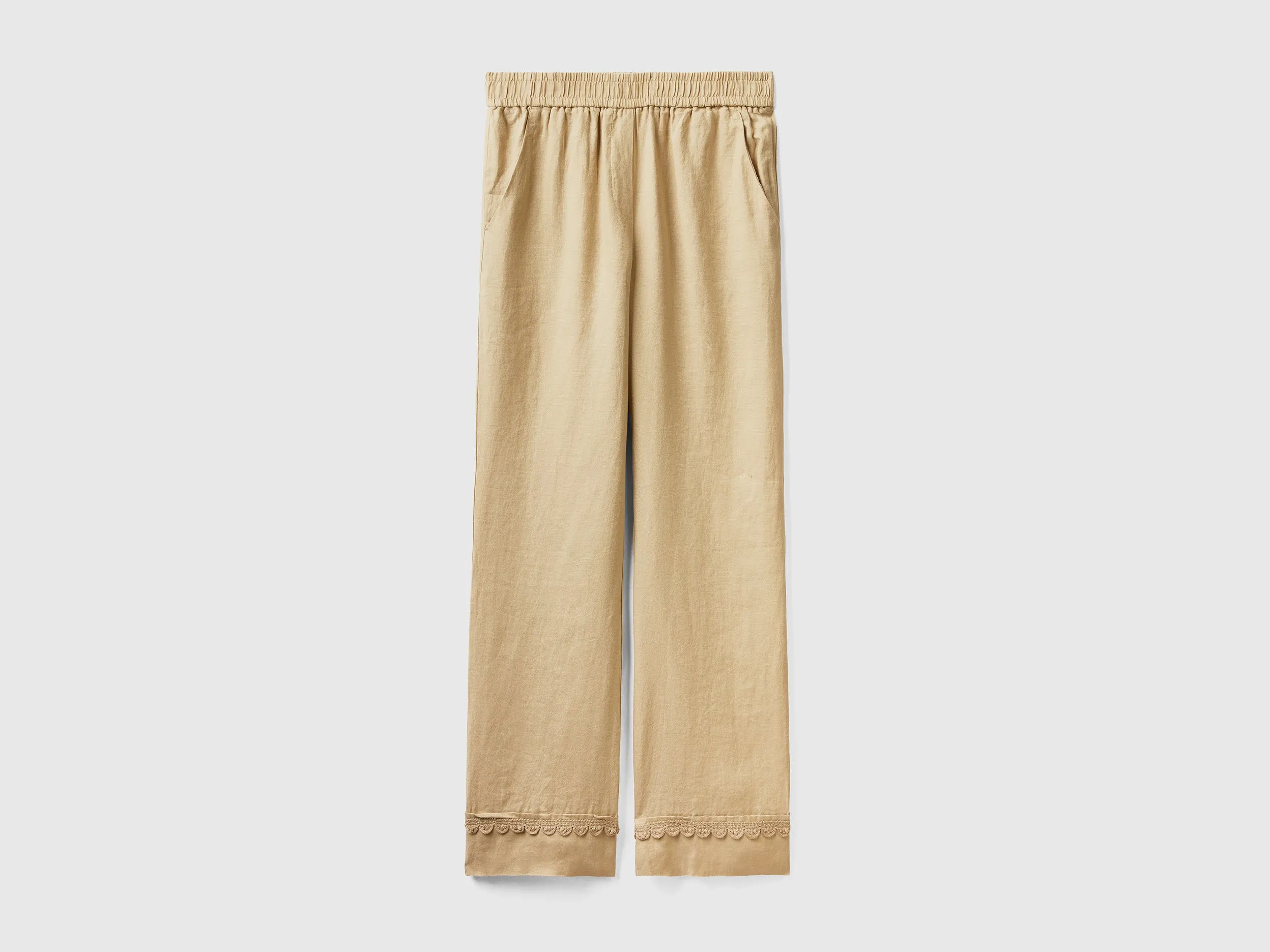 Crochet Detailed Hem Relaxed Wide Beige Linen Trousers