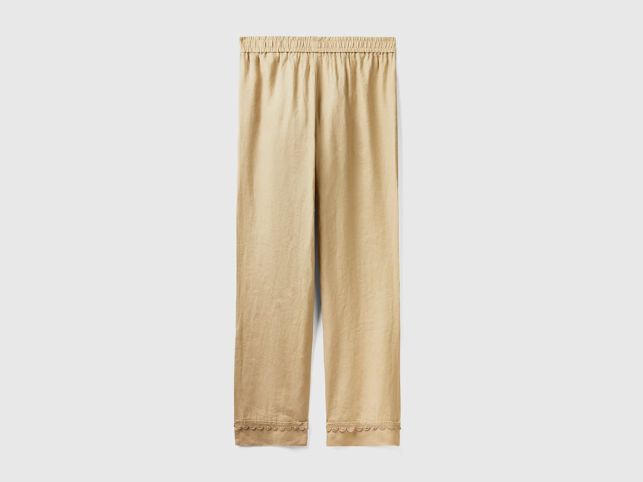 Crochet Detailed Hem Relaxed Wide Beige Linen Trousers