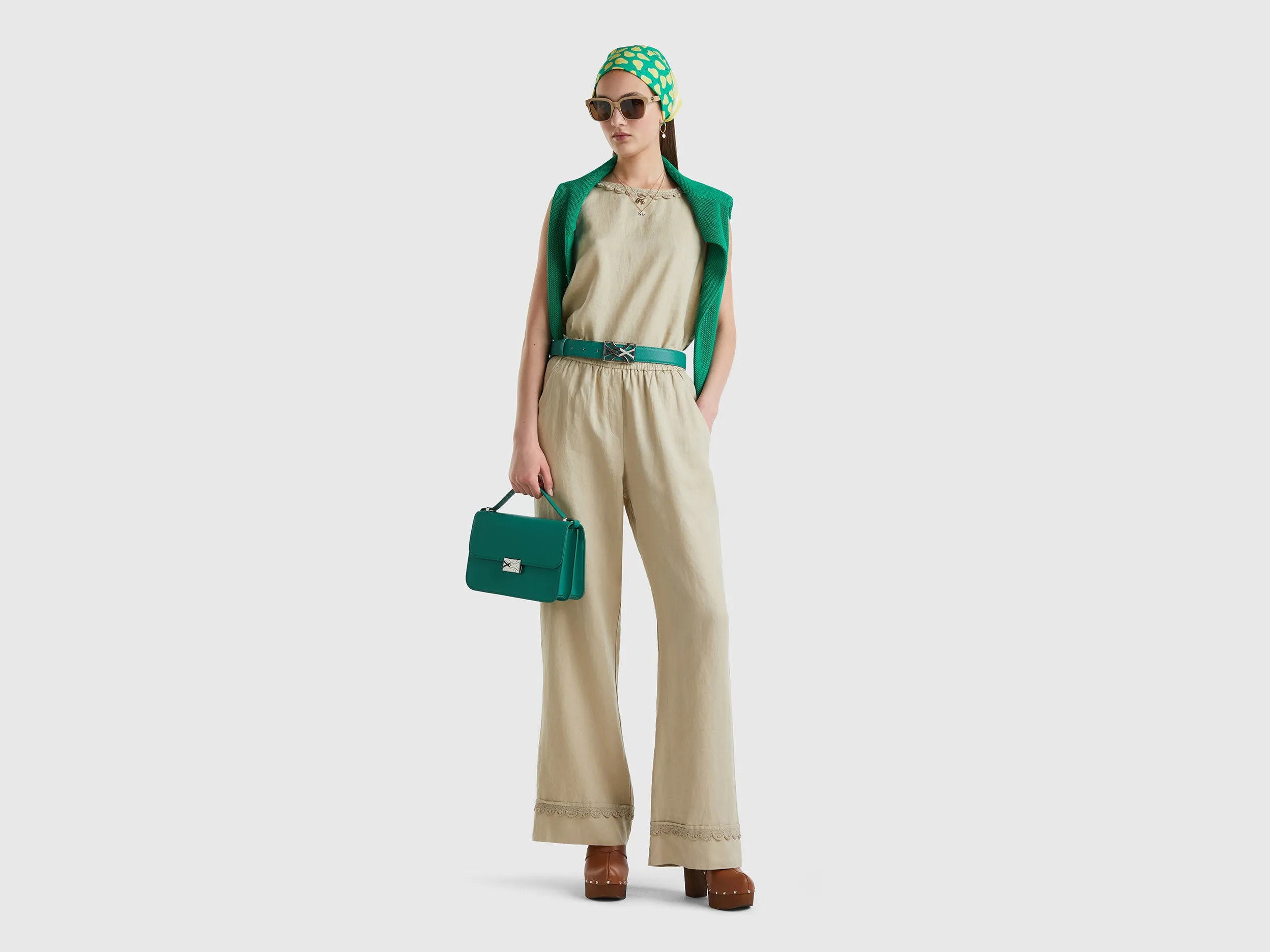 Crochet Detailed Hem Relaxed Wide Beige Linen Trousers