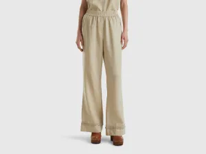Crochet Detailed Hem Relaxed Wide Beige Linen Trousers
