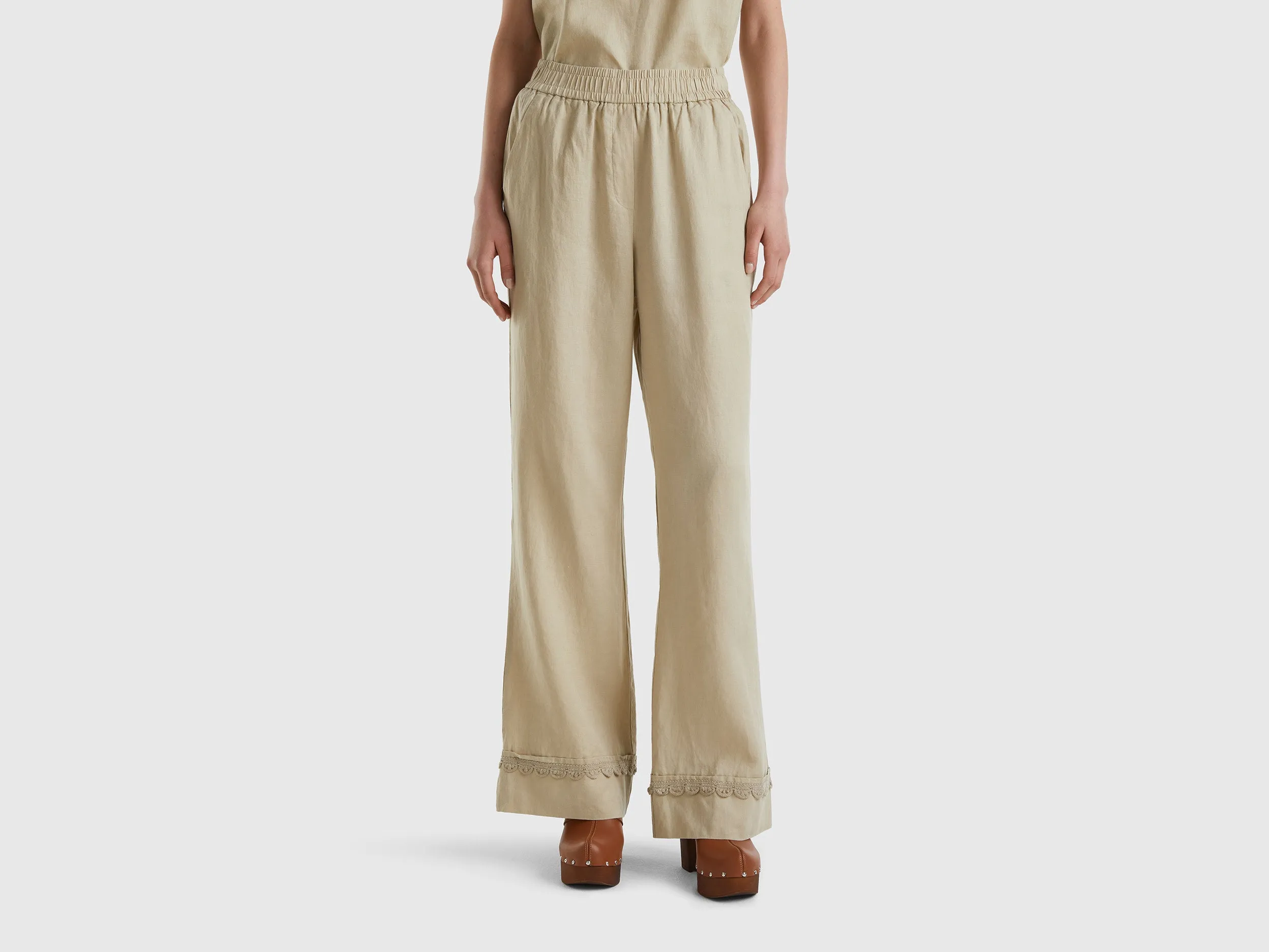 Crochet Detailed Hem Relaxed Wide Beige Linen Trousers