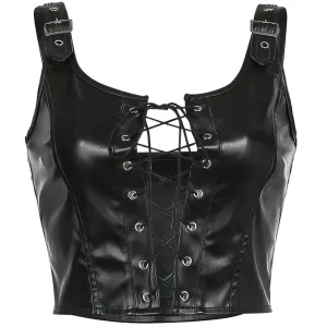 Drawstring Placket PU Vest