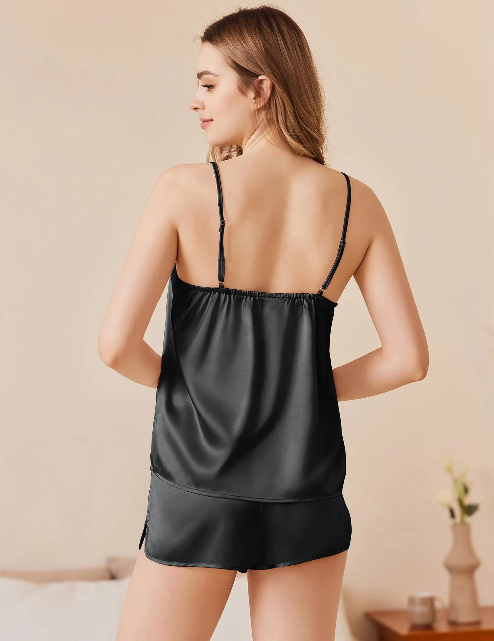 Ekouaer Silk Pajamas Set for Women Satin Camisole Sleepwear Lingerie V-Neck Cami Top and Shorts Pjs Black