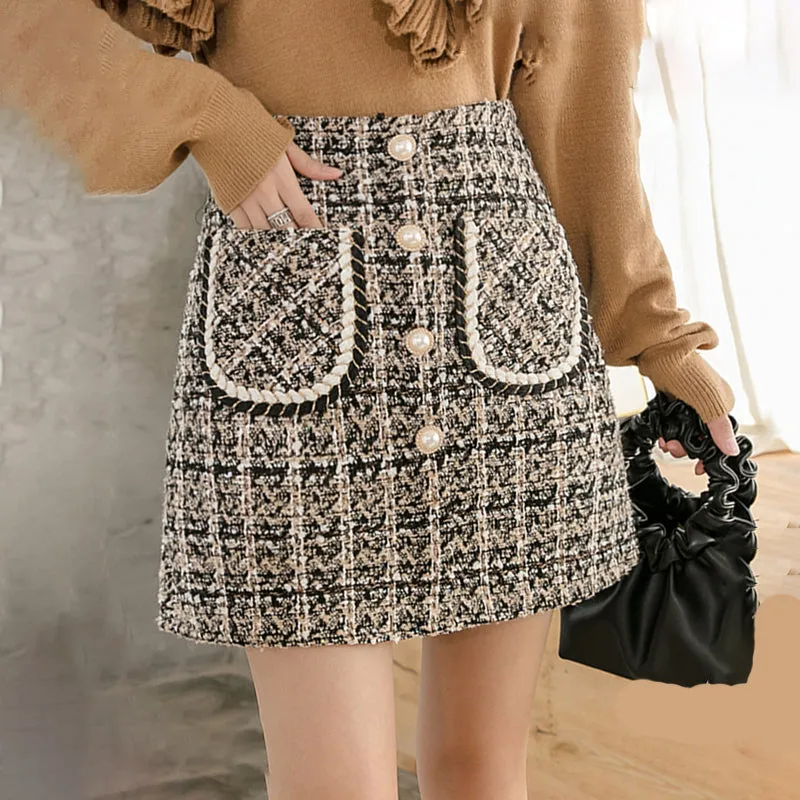 Elegant Pearl Button Wool Plaid Mini Skirts