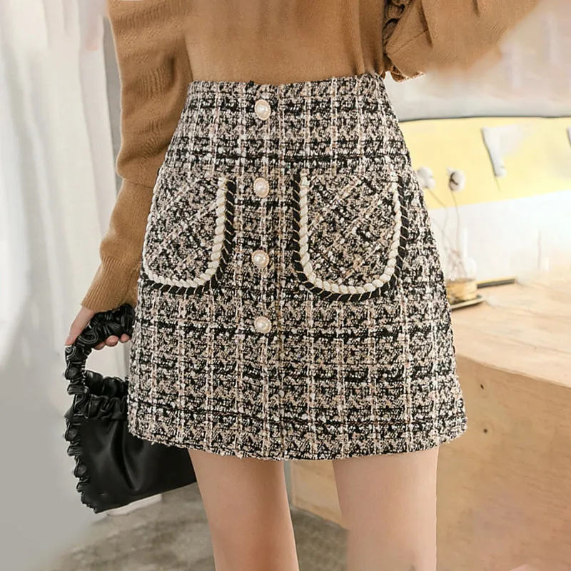 Elegant Pearl Button Wool Plaid Mini Skirts