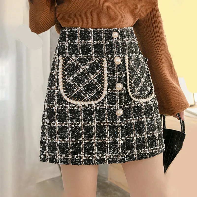 Elegant Pearl Button Wool Plaid Mini Skirts