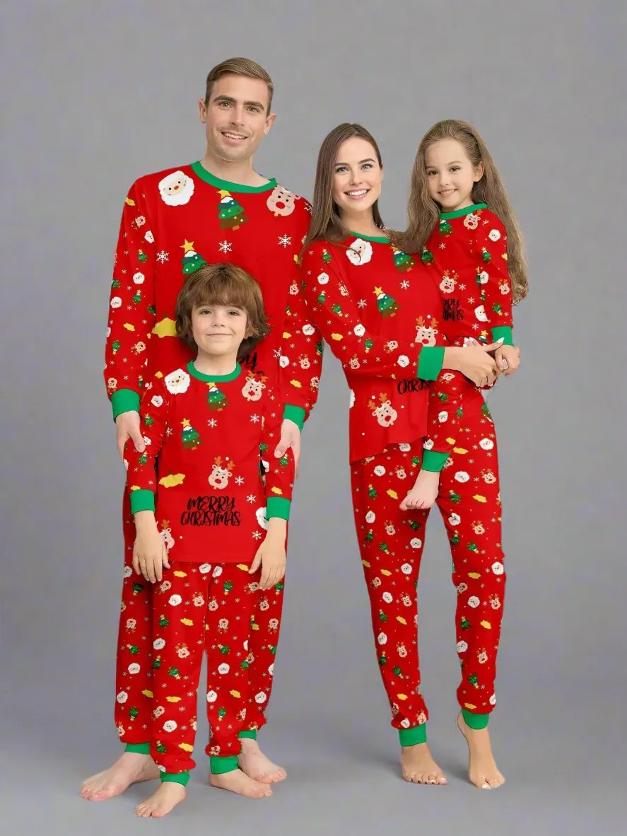 Family Matching Christmas Pajama Set - Festive Santa & Reindeer Print in Red, White, and Black for Holiday Celebrations