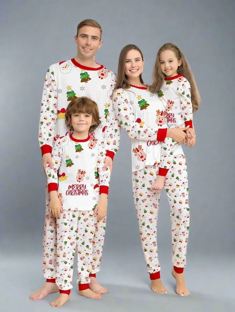 Family Matching Christmas Pajama Set - Festive Santa & Reindeer Print in Red, White, and Black for Holiday Celebrations