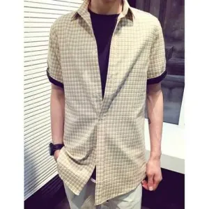 Fashion Shirt Collar Color Block Tiny Checked Pattern Loose Fit Short Sleeve Polyester Shirt For Men - Dark Khaki 2xl