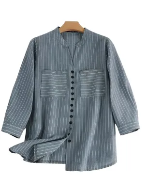 Fashion Stripe Printed 3/4 Sleeve V-Neck Blouse for Women