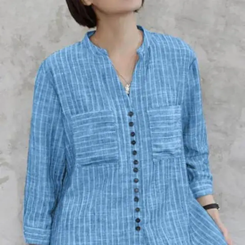 Fashion Stripe Printed 3/4 Sleeve V-Neck Blouse for Women