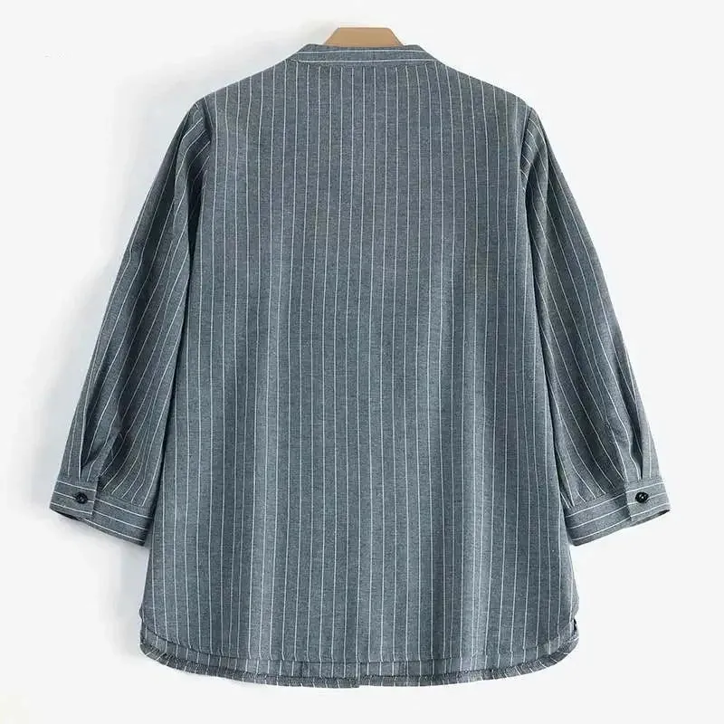 Fashion Stripe Printed 3/4 Sleeve V-Neck Blouse for Women