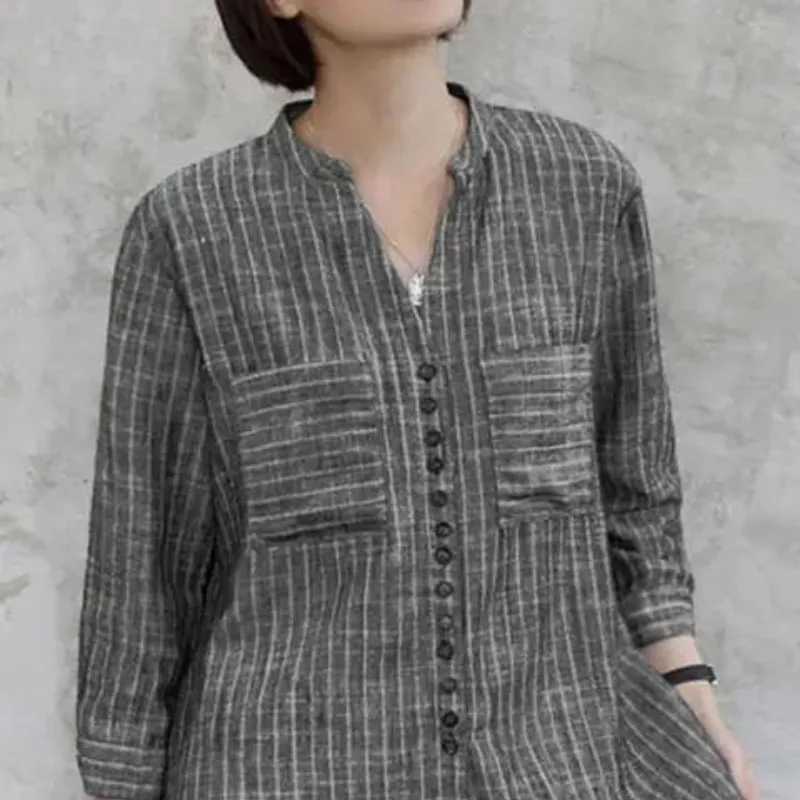 Fashion Stripe Printed 3/4 Sleeve V-Neck Blouse for Women