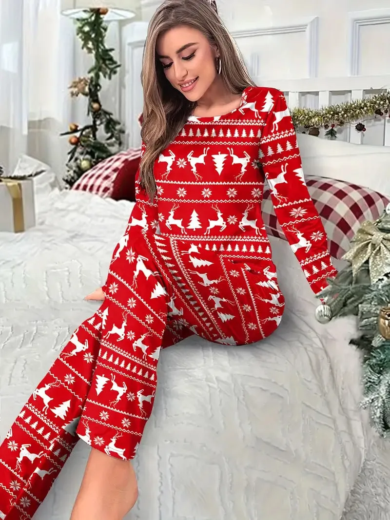 Festive Elk and Christmas Tree Print Pajamas for Cozy Holiday Comfort