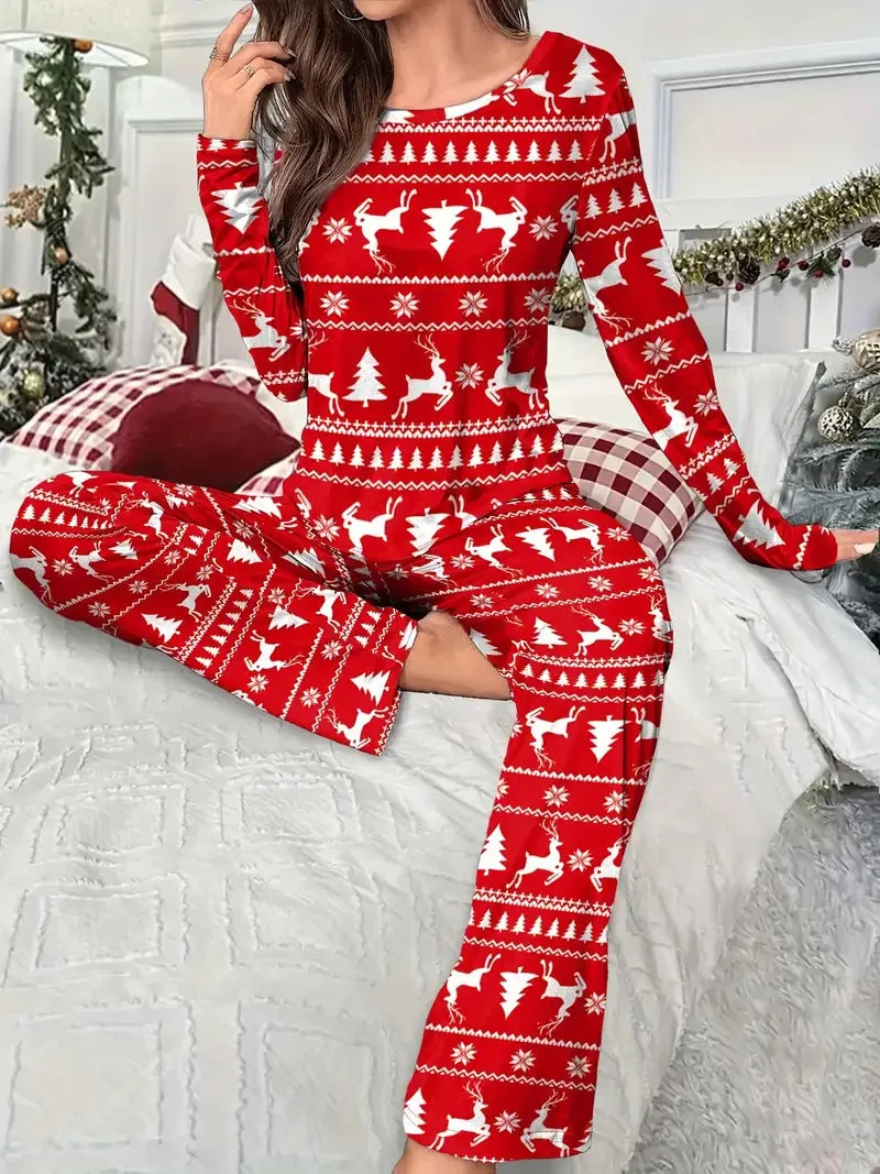 Festive Elk and Christmas Tree Print Pajamas for Cozy Holiday Comfort