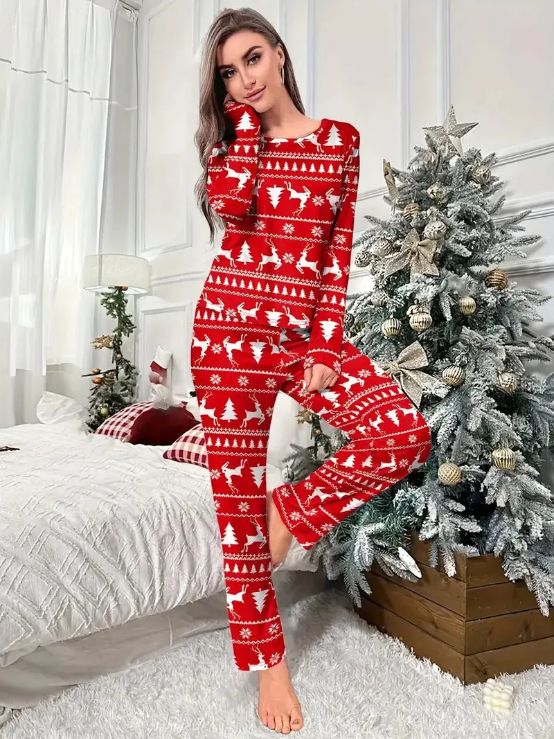 Festive Elk and Christmas Tree Print Pajamas for Cozy Holiday Comfort