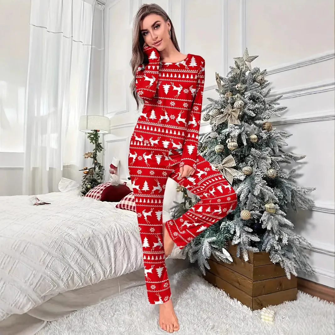 Festive Elk and Christmas Tree Print Pajamas for Cozy Holiday Comfort