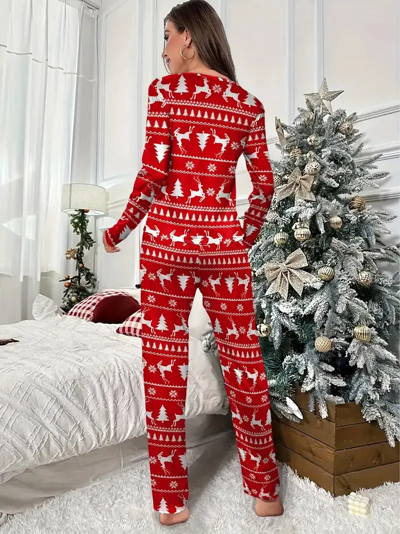 Festive Elk and Christmas Tree Print Pajamas for Cozy Holiday Comfort