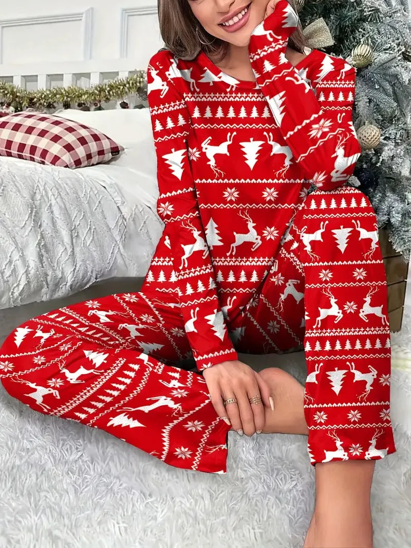 Festive Elk and Christmas Tree Print Pajamas for Cozy Holiday Comfort