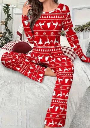 Festive Elk and Christmas Tree Print Pajamas for Cozy Holiday Comfort