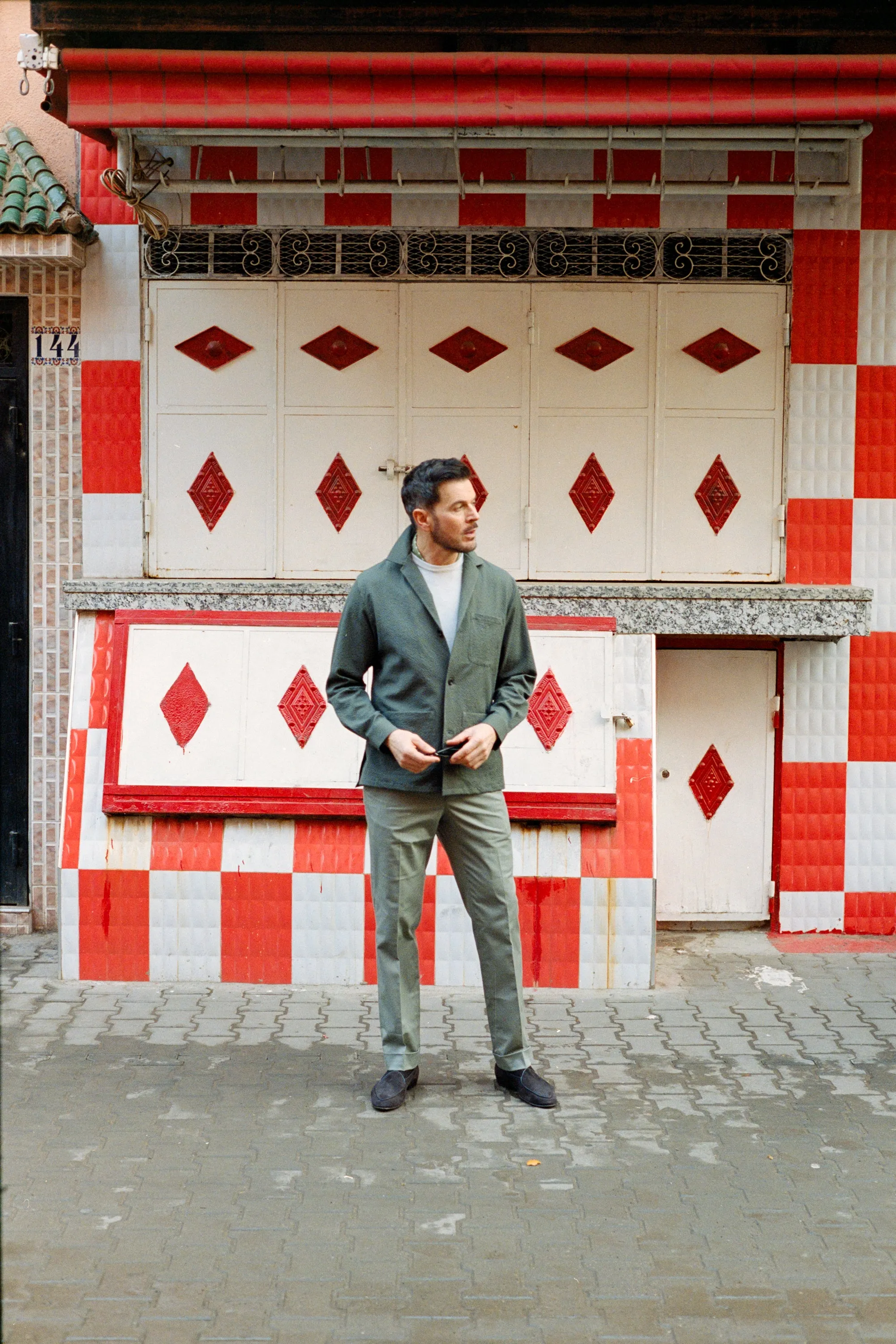 Flat Front Trouser in Green Stretch Cotton