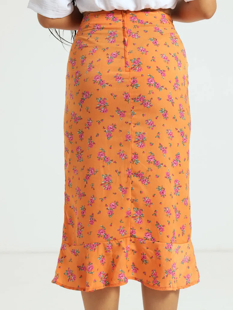 Frill Front Floral Midi Skirt - Orange