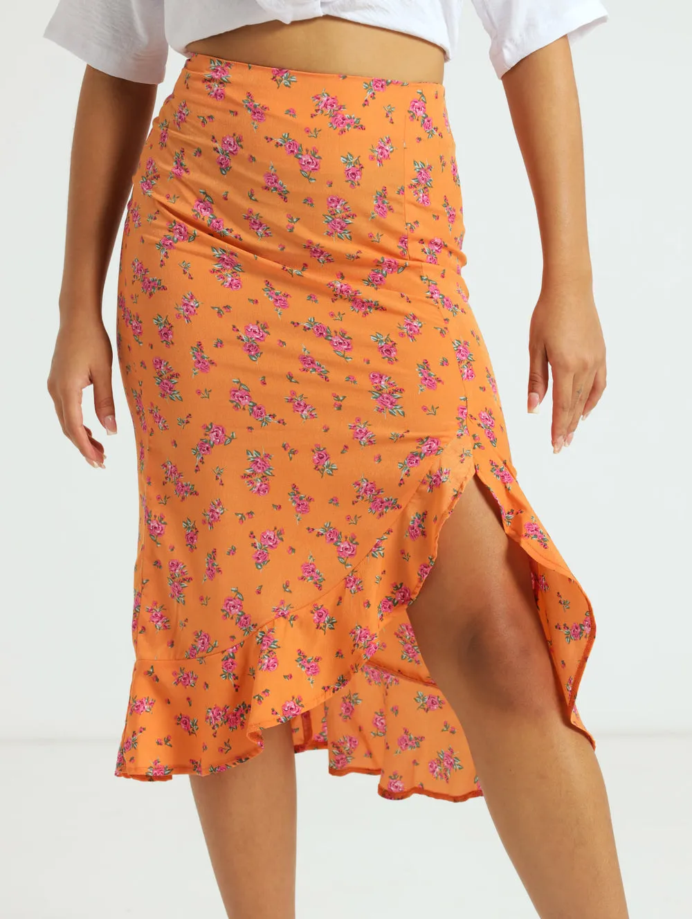 Frill Front Floral Midi Skirt - Orange