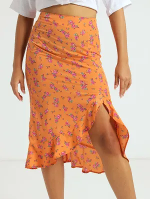 Frill Front Floral Midi Skirt - Orange
