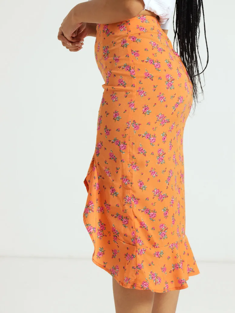 Frill Front Floral Midi Skirt - Orange