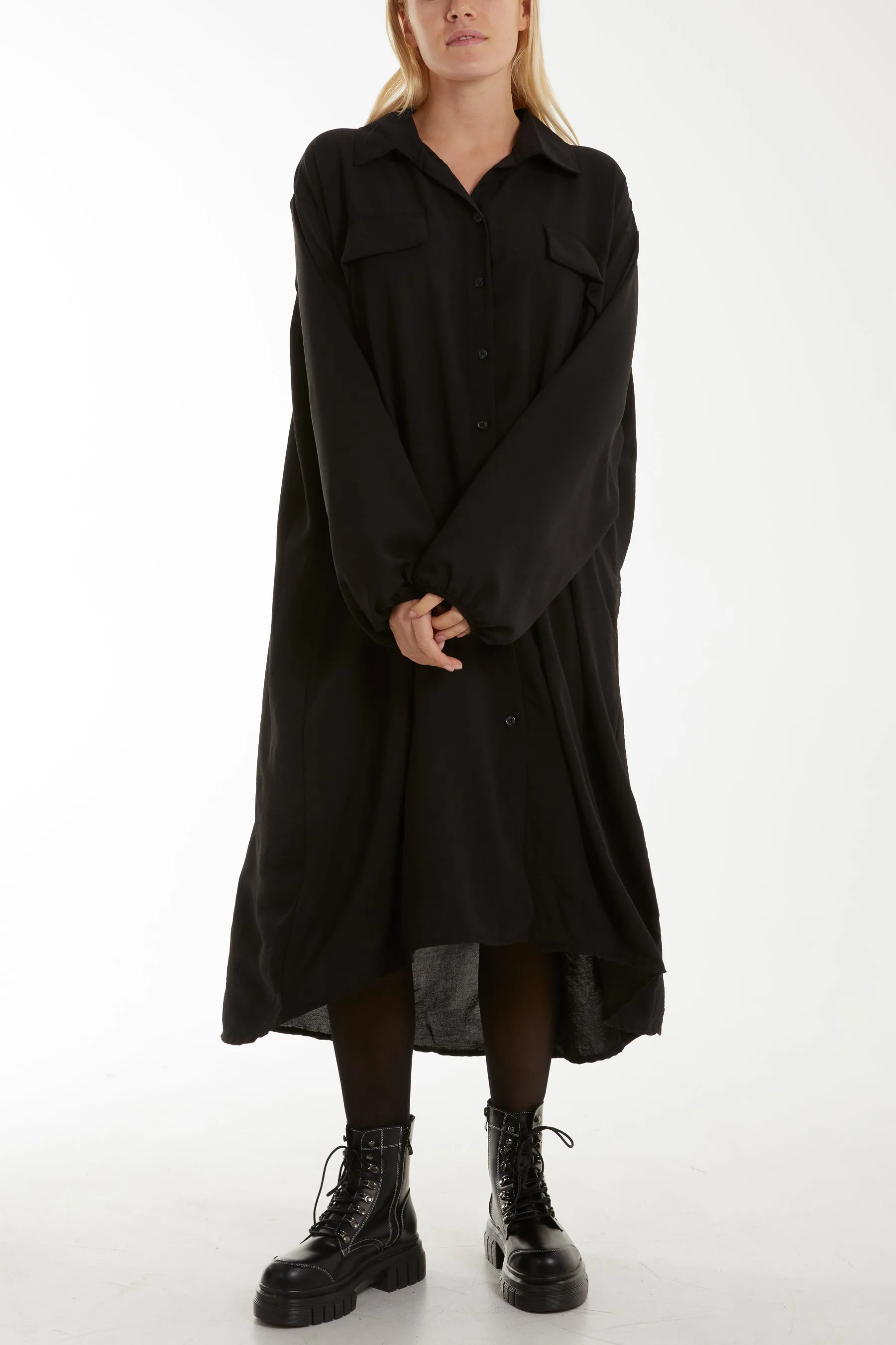 Front Flaps Long Sleeve Shirt Dress