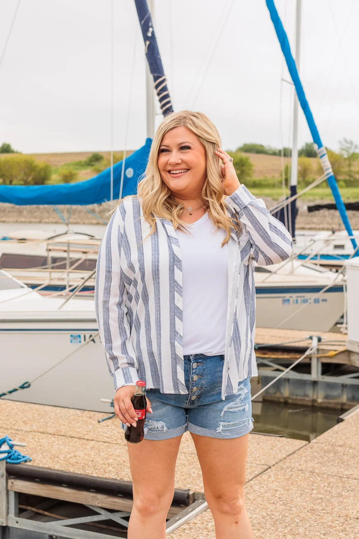 Full Of Pride Striped Button Up Top- Navy
