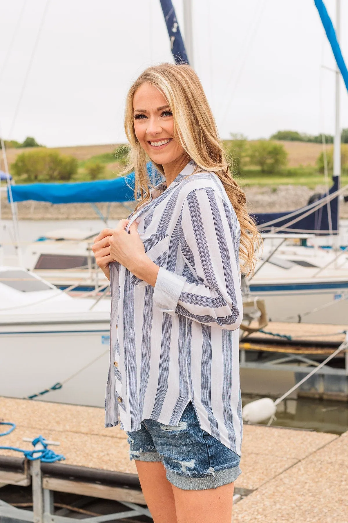 Full Of Pride Striped Button Up Top- Navy