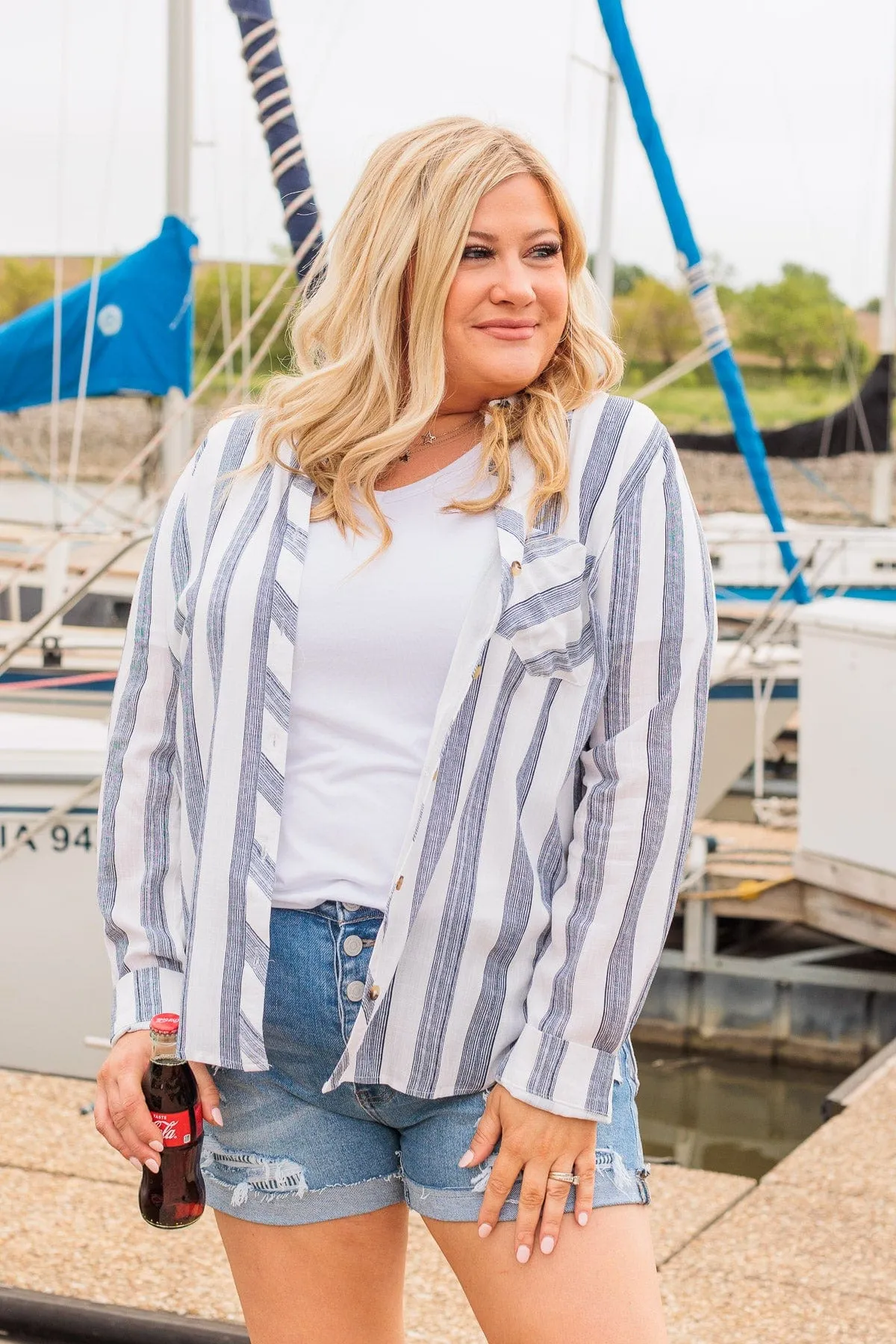 Full Of Pride Striped Button Up Top- Navy