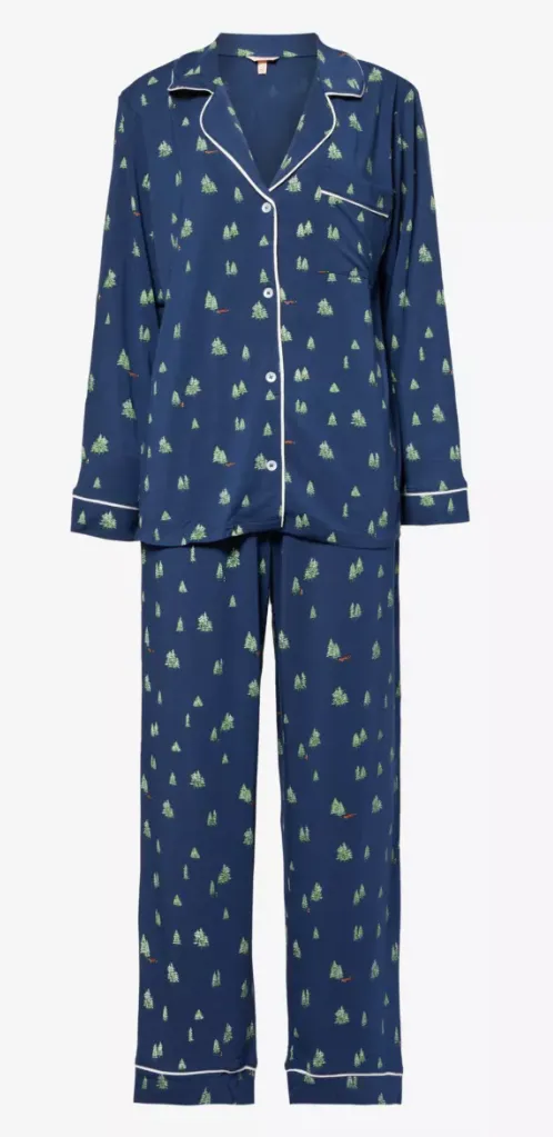 Gisele Printed Long PJ Set in Woodland Pine Navy/Ivory