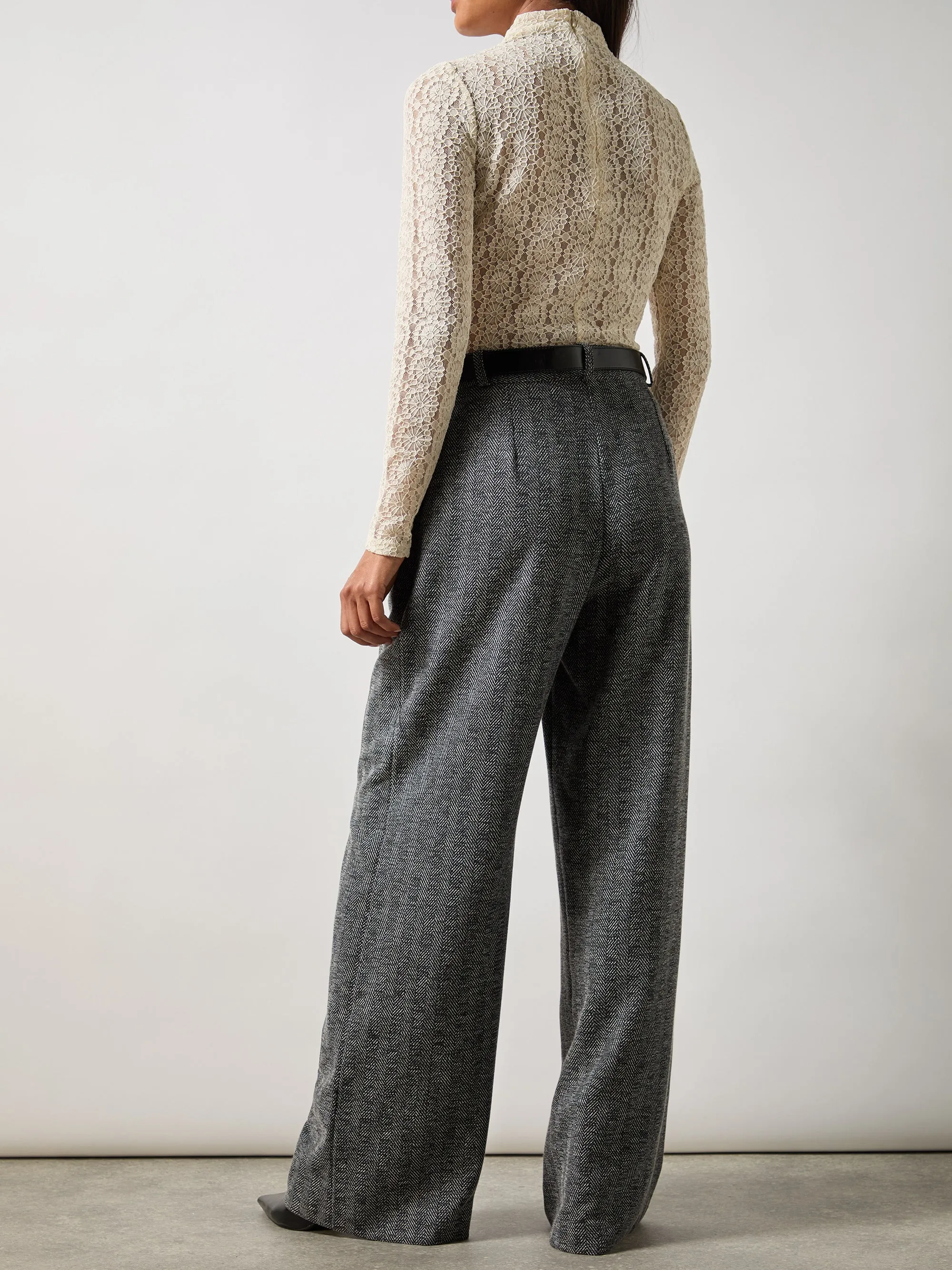 Grey Herringbone Wide Leg Trousers