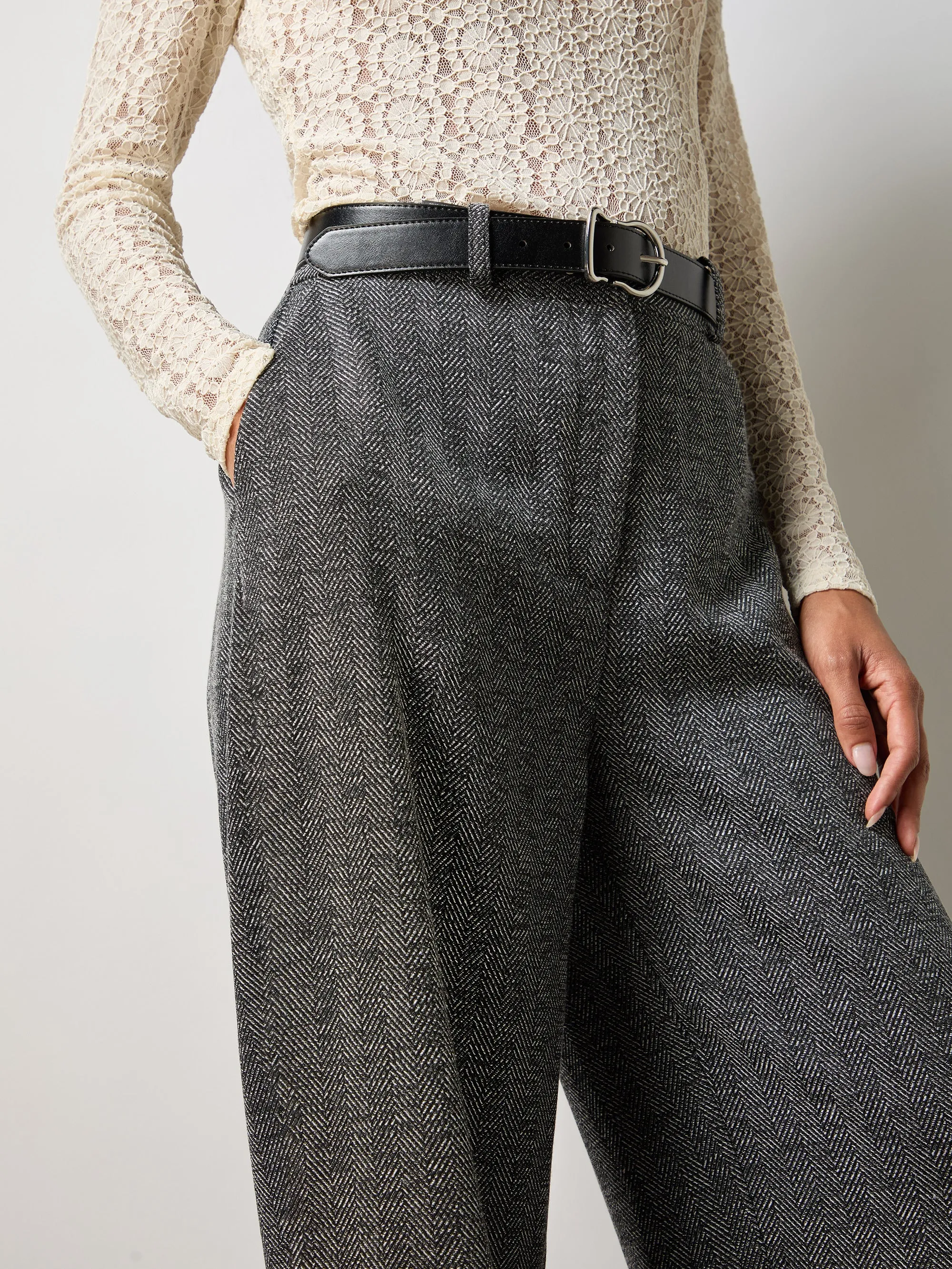Grey Herringbone Wide Leg Trousers
