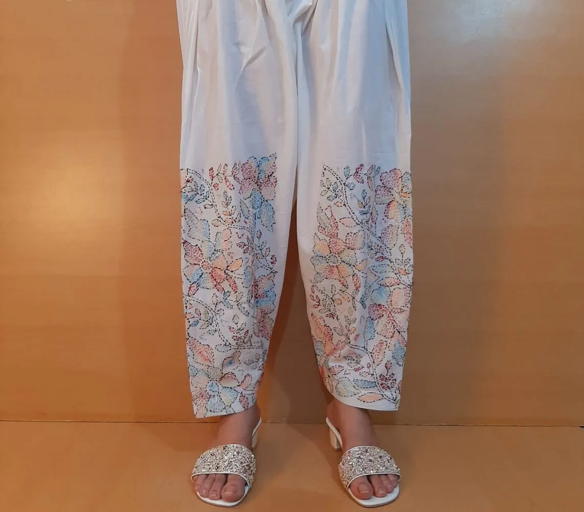 Hand Embroided Lawn Shalwar - White - ZSL02