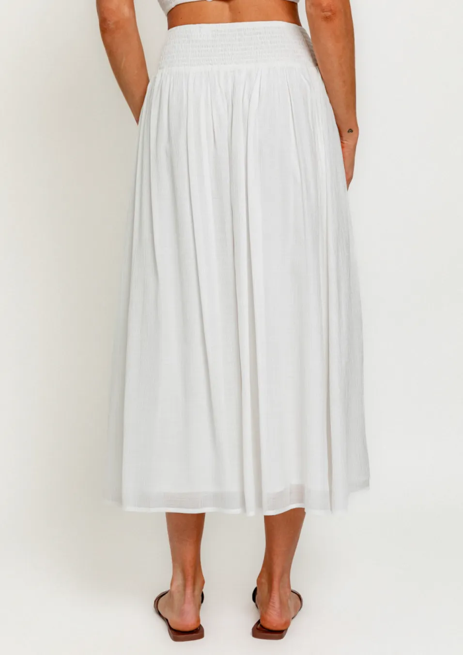 High Waisted Smocked Midi Skirt