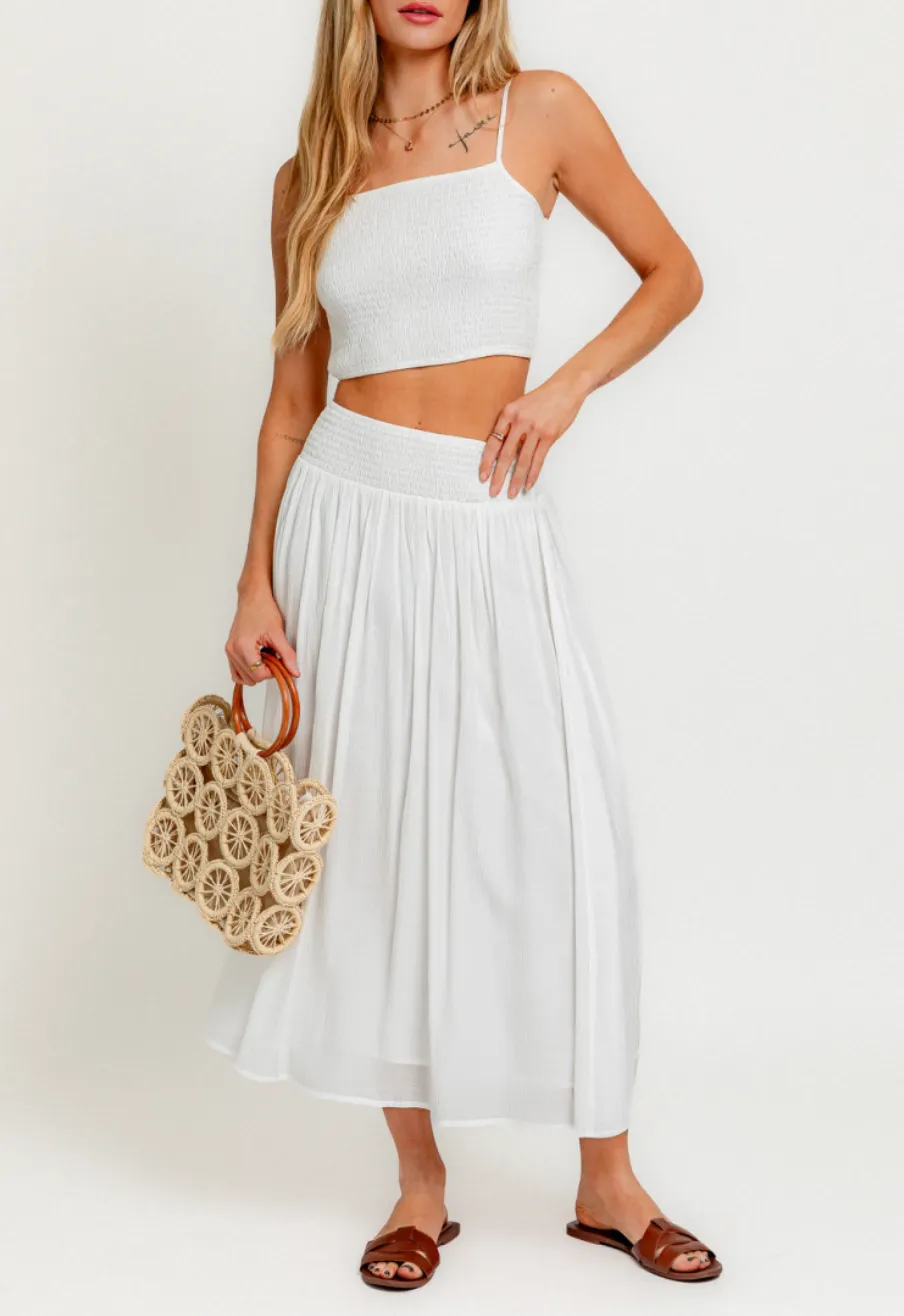 High Waisted Smocked Midi Skirt