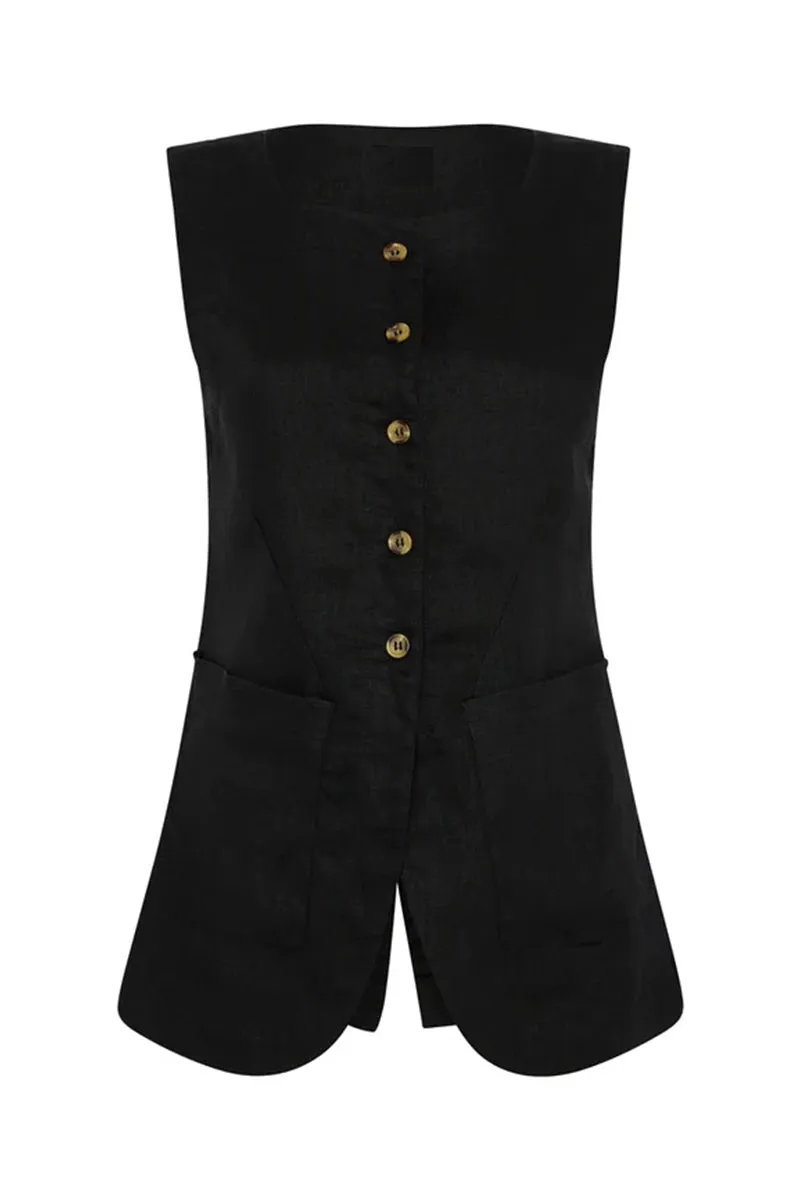 HTZ1106 Sleeveless Linen Button-Down Top