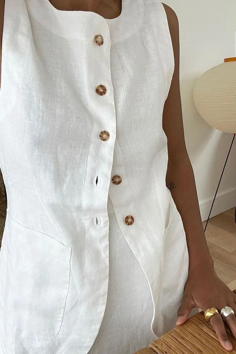 HTZ1106 Sleeveless Linen Button-Down Top