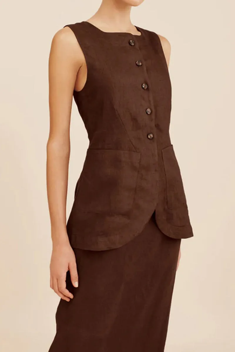 HTZ1106 Sleeveless Linen Button-Down Top